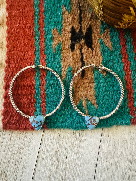 Handmade Golden Hills Turquoise & Sterling Silver Hoop Earrings Signed Nizhoni