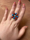 4TH OF JULY COLLECTION Handmade Red, White & Blue Fire Opal & Sterling Silver Adjustable Ring Signed Nizhoni