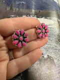 Handmade Flower Sterling Silver & Pink Fire Opal Post Earrings Signed Nizhoni