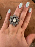 Handmade White Buffalo, CZ And Sterling Silver Adjustable Ring