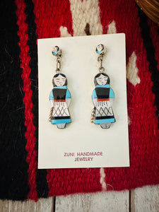 Zuni Multi Stone & Sterling Silver Inlay Maiden Girl Dangle Earrings