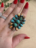 Beautiful Handmade Spice, Turquoise And Sterling Silver Adjustable Cluster Ring