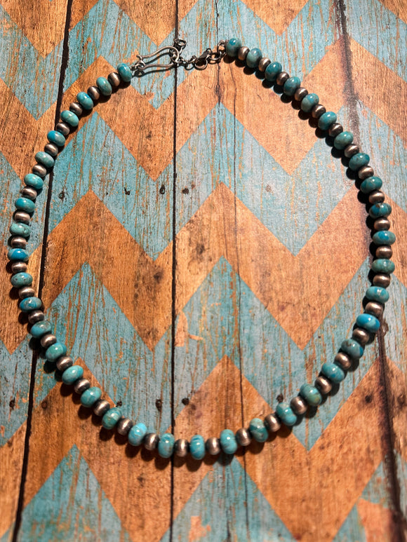 Beautiful Handmade Sterling Silver & Turquoise Navajo Pearl Style Beaded 18” Necklace