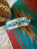 Navajo Hand Stamped Sterling Silver & Turquoise Cuff Bracelet by Benson Shorty