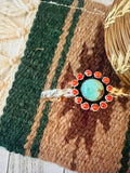 Navajo Turquoise, Coral & Sterling Silver Cluster Cuff Bracelet