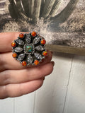 Beautiful Handmade Turquoise, Red Fire Opal, CZ And Sterling Silver Adjustable Ring