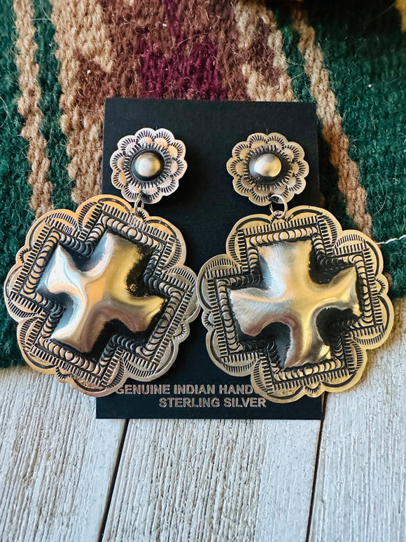 Navajo Hand Stamped Sterling Silver Concho Cross Dangle Earrings by Leander Tahe