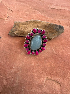 Handmade Aquamarine, Pink Onyx & Sterling Silver Adjustable Ring