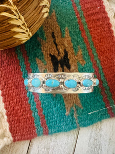 Navajo Hand Stamped Sterling Silver & Turquoise Cuff Bracelet by Benson Shorty