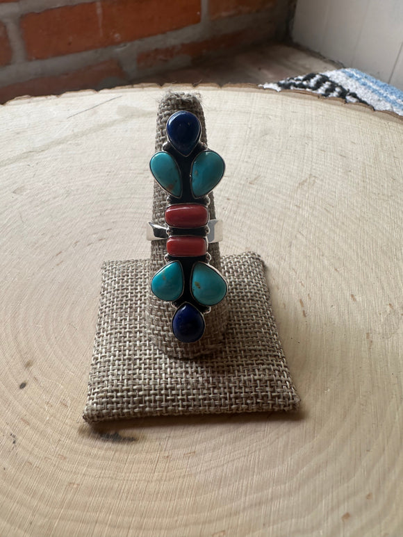 Beautiful Handmade Sterling Silver Lapis, Turquoise & Coral Adjustable Ring