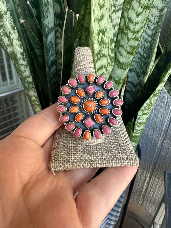 Beautiful Handmade Rhodonite, Orange Mojave And Sterling Silver Adjustable Ring