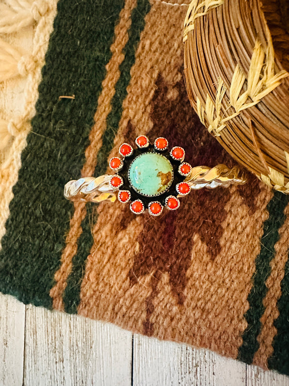 Navajo Turquoise, Coral & Sterling Silver Cluster Cuff Bracelet