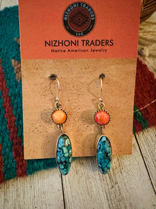 Navajo Turquoise, Spiny and Sterling Silver Dangle Earrings