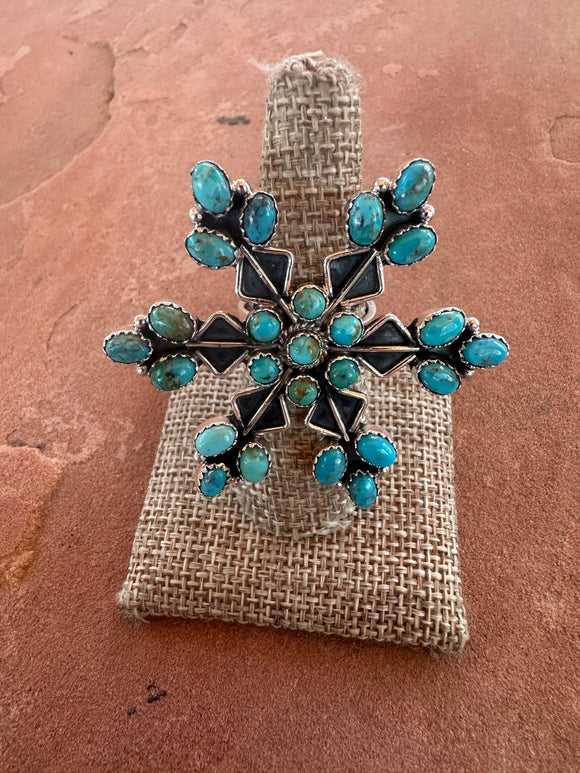 Beautiful Handmade Turquoise And Sterling Silver Adjustable Snowflake Ring