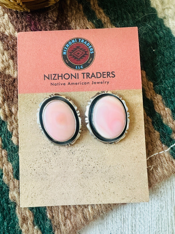 Navajo Sterling Silver & Queen Pink Conch Post Earrings