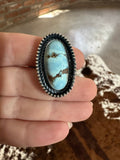 Beautiful Navajo Sterling Silver & Single Stone Golden Hills Turquoise Adjustable Ring Signed