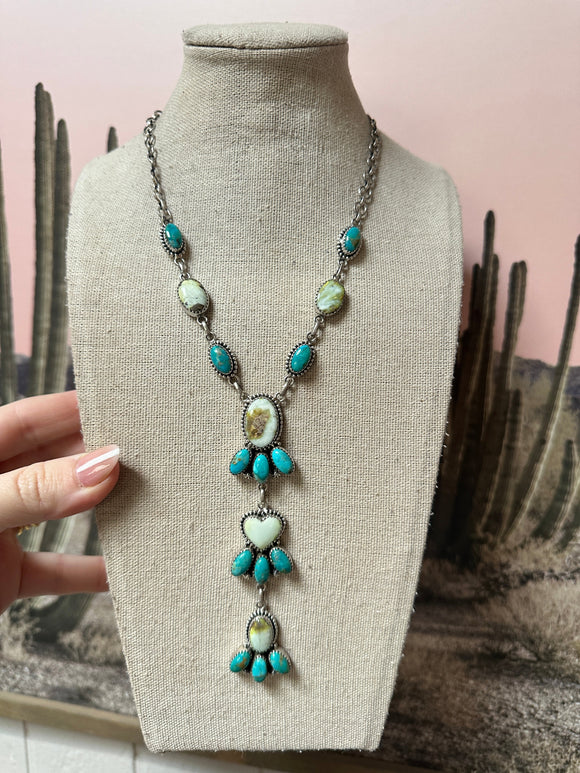 Beautiful Handmade Sterling Silver, Kingman Turquoise & Palomino Turquoise Heart Lariat Necklace