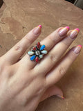 4TH OF JULY COLLECTION Handmade Red, White & Blue Fire Opal & Sterling Silver Adjustable Ring Signed Nizhoni