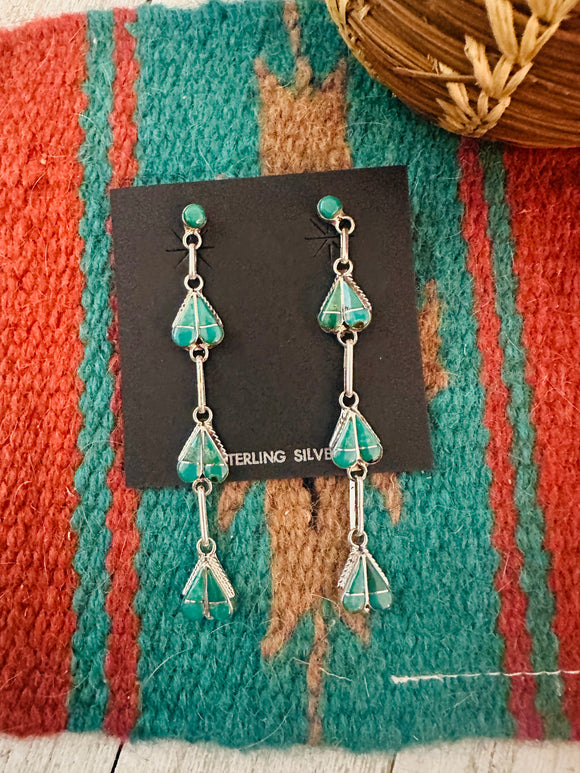 Zuni Sterling Silver & Turquoise Inlay Heart Dangle Earrings