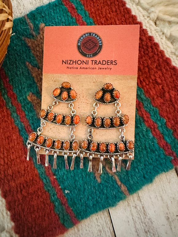 Handmade Orange Spiny & Sterling Silver Dangle Earrings Signed Nizhoni