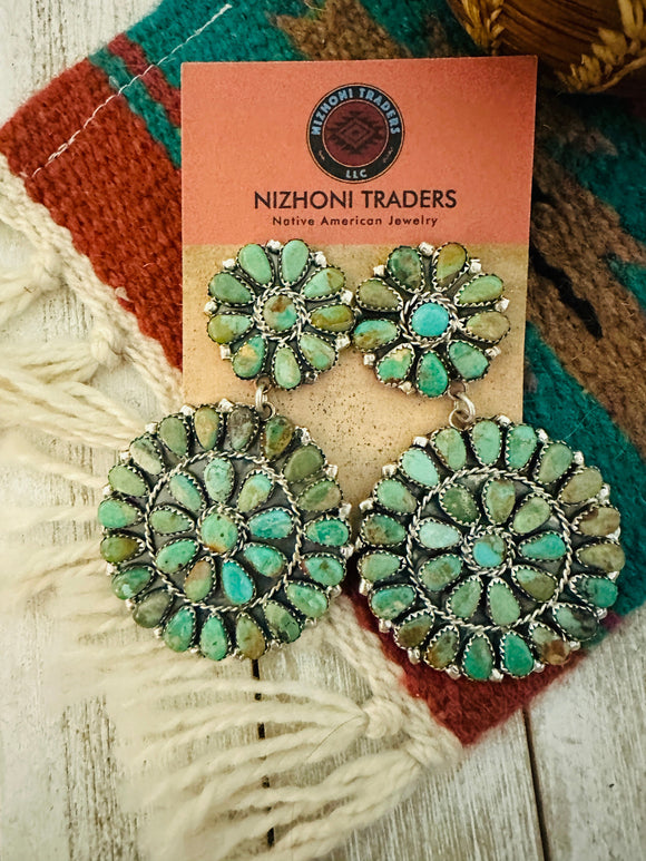 Navajo Royston Turquoise & Sterling Silver Cluster Dangle Earrings