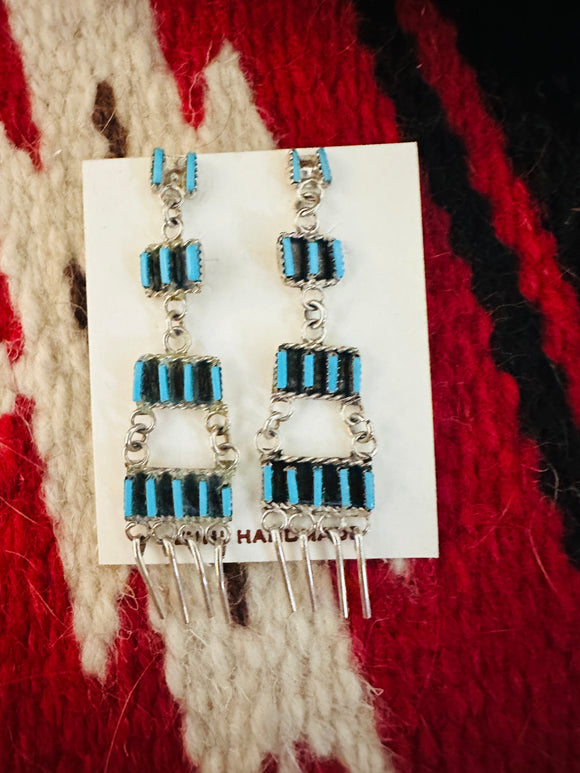 Zuni Turquoise & Sterling Silver Needlepoint Dangle Earrings