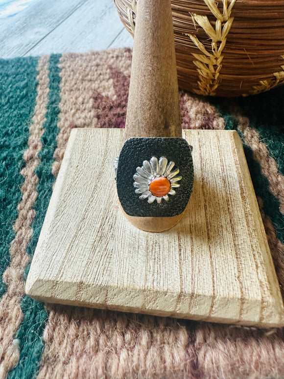 Navajo Sterling Silver & Orange Spiny Concho Adjustable Ring