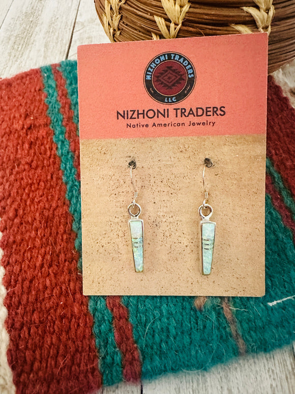 Navajo White Opal & Sterling Silver Inlay Dangle Earrings