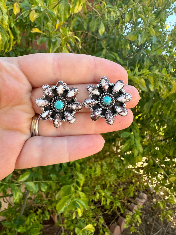 Handmade Sterling Silver, Wild Horse, Turquoise Post Cluster Earrings Signed Nizhoni