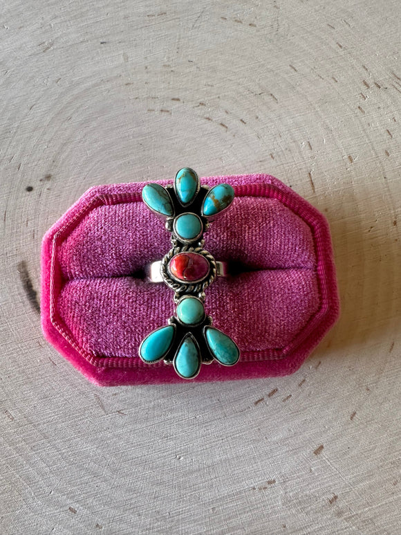 Beautiful Handmade Pink Dream Mojave, Turquoise And Sterling Silver Adjustable Cluster Ring