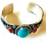 Old Pawn Navajo Sterling Silver, Turquoise & Coral Cuff Bracelet