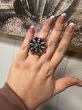 Beautiful Handmade Turquoise, Red Fire Opal, CZ And Sterling Silver Adjustable Ring