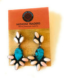 Navajo Queen Pink Conch, Turquoise & Sterling Silver Dangle Earrings