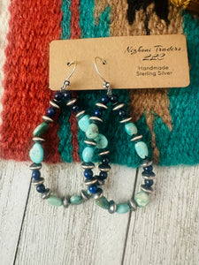 Handmade Turquoise, Lapis Sterling Silver Beaded Hoop Earrings