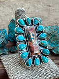 Navajo Made Spice, Kingman Turquoise And Sterling Silver Adjustable Statement  Ring