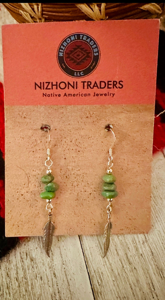 Navajo Turquoise & Sterling Silver Feather Dangle Earrings