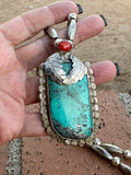 Vintage Old Pawn Navajo Morenci Turquoise & Coral Sterling Silver Beaded Necklace