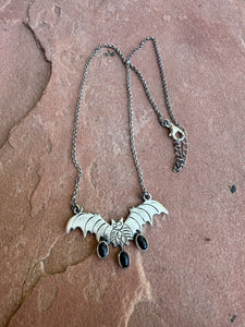 Beautiful Handmade Sterling Silver & Onyx Bat 3 Stone Necklace