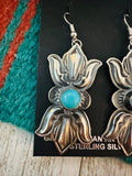 Navajo Hand Stamped Sterling Silver & Turquoise Concho Dangle Earrings