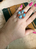 Beautiful Handmade Sterling Silver, Golden Hills Turquoise & Coral Adjustable Ring