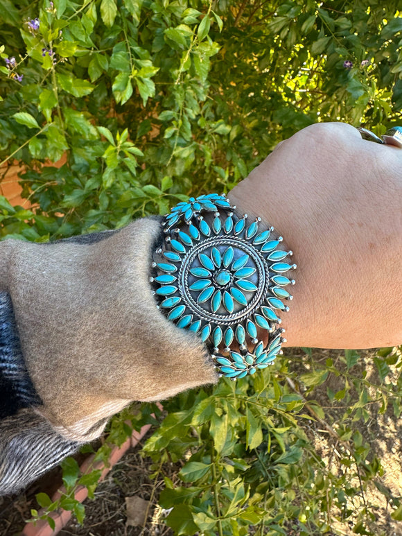 Handmade Sterling Silver & Turquoise Cluster Floral Cuff Bracelet Signed Nizhoni