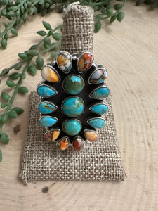 Beautiful Handmade Spice, Turquoise And Sterling Silver Adjustable Cluster Ring