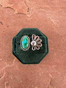 Beautiful Handmade Sonoran Mountain Turquoise And Sterling Silver Adjustable Flower Ring