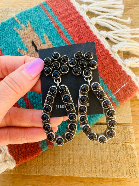 Navajo Black Onyx & Sterling Silver Flower Dangle Earrings