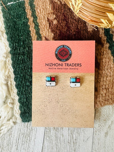 Zuni Sun Face Multi Stone & Sterling Silver Inlay Stud Earrings