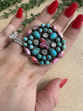 Beautiful Handmade Turquoise, CZ, Pink Dream Mojave And Sterling Silver Adjustable Cross Statement Ring