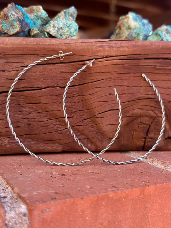 Navajo Sterling Silver 3 Inch Hoop Earrings