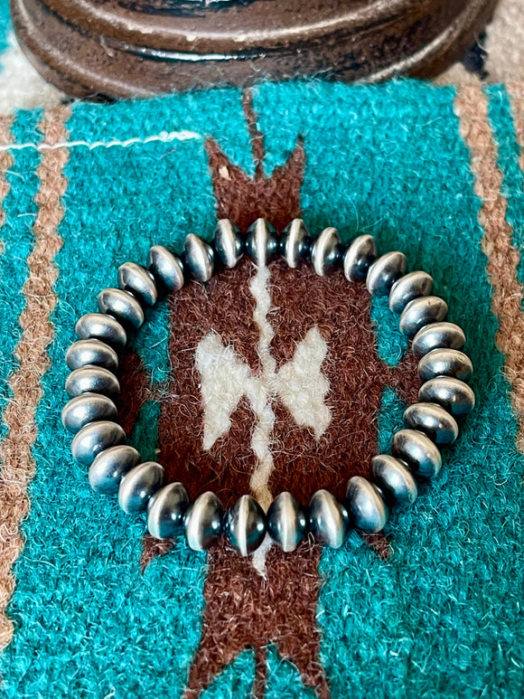 Vinita Cowboy Navajo Handmade 8mm Sterling Silver Beaded Stretch Bracelet