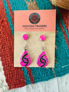 Zuni Pink Opal, Onyx & Sterling Silver Inlay Dangle Earrings