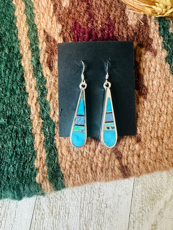 Navajo Sterling Silver & Multi Stone Inlay Dangle Earrings